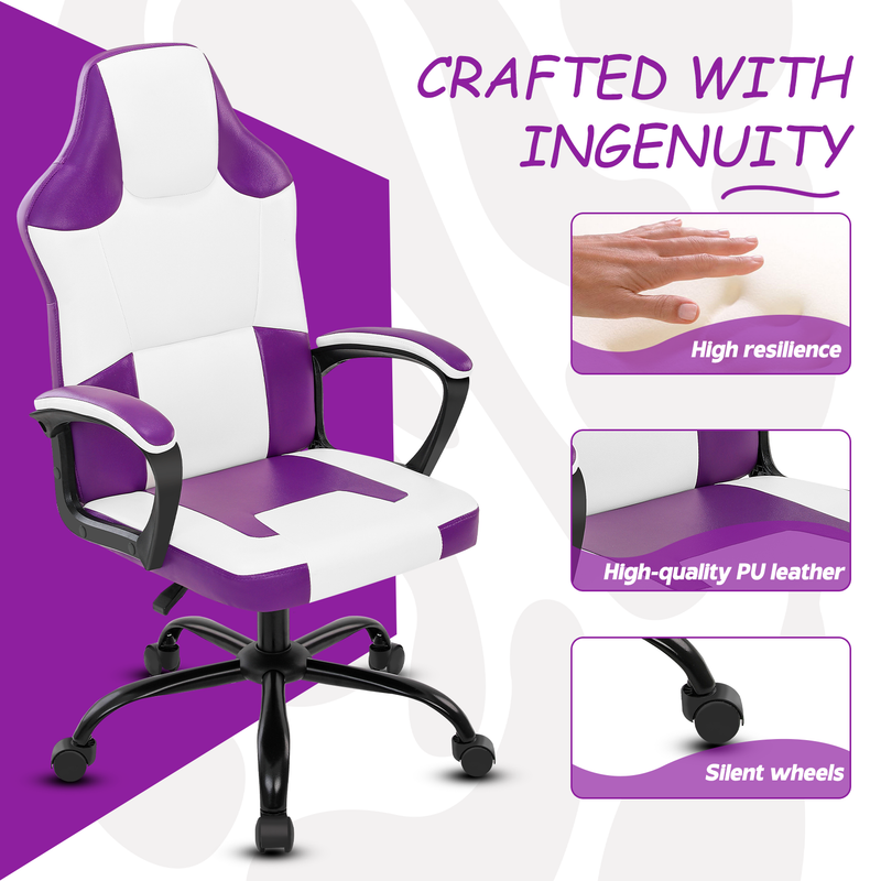 Gaming-Stuhl mit ergonomischem Design, hochelastischem Schwamm, PU-Leder, leisen Rädern, verstellbar, bequem für lange Stunden, für Teenager, Erwachsene,_voghion.com