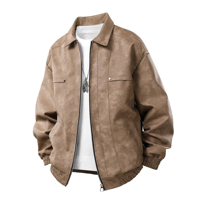 Vintage-Inspired PU Leather Jacket For Men – Retro Brown & Black Biker-Style Coat With Zippered Front & Side Pockets (Unisex Fit, M-XXXL,t)_voghion.com