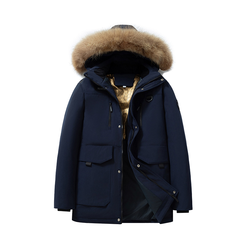 Schwerer Parka für Herrenbekleidung mit Kunstpelzbesatz, Entendaunenjacke mit 900er-Füllkraft für extreme Kälte (-50 °C bis -20 °C), jugendlicher Stil, Reißverschluss_voghion.com