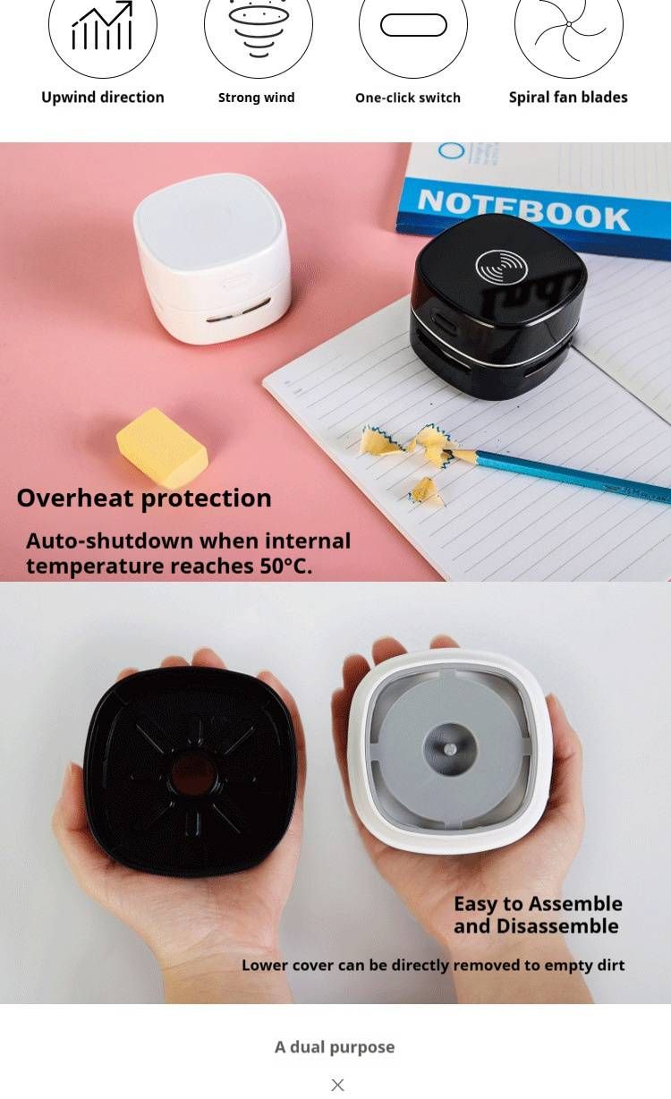 3-in-1 USB Desktop Cleaner With LED Light & Fan - Cordless, Rechargeable, Multi-Color (10KPA Suction, ≤70dB Noise, 0.75W Low Power)_voghion.com