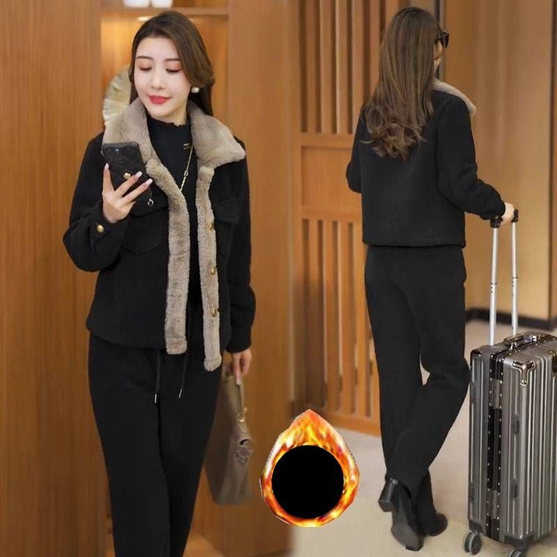 Abbigliamento da donna Completo da salotto in velluto a coste spesso con fodera in pile - Elegante completo composto da pantaloni dritti e top per l'autunno e l'inverno_voghion.com