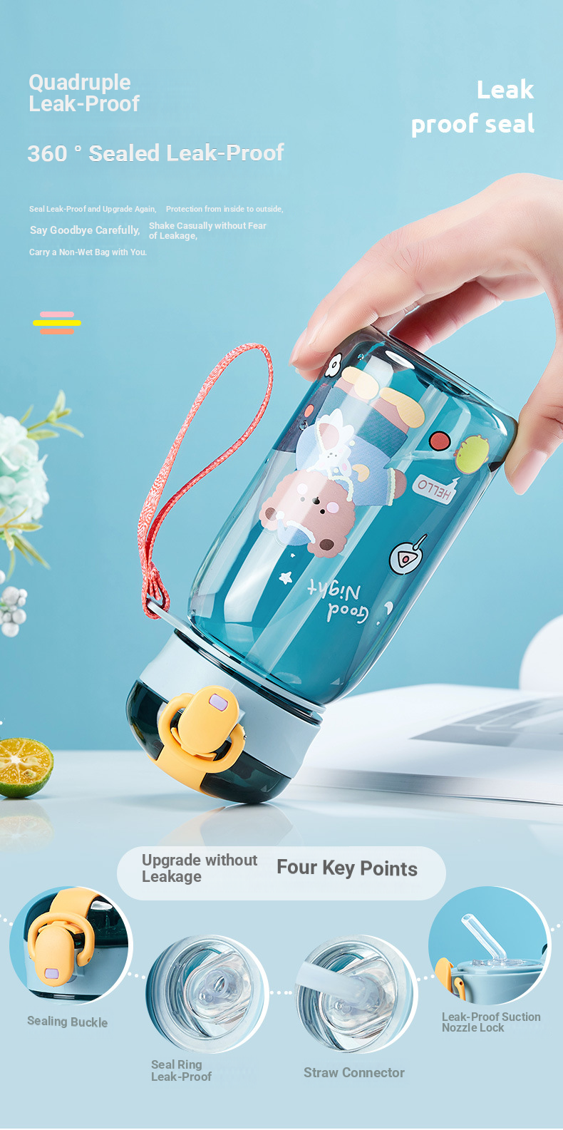 Tazza portatile in plastica con coperchio e cannuccia per bambini, con orso carino e cartone animato_voghion.com