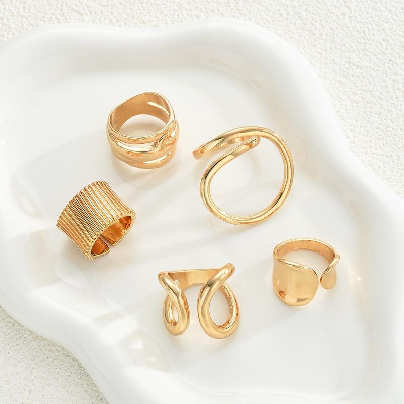 Geometric Hollow Drop Ring Set For Women, 5-Piece Stackable Metal Finger Rings, Trendy Boho Chic Jewelry_voghion.com