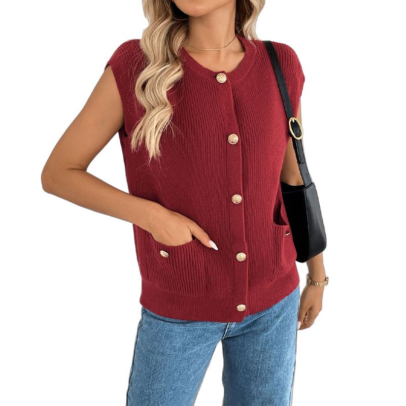 2025 New Elegant Little Style Knitted Cardigan Sleeveless Metal Button Solid Color Sweater Vest_voghion.com