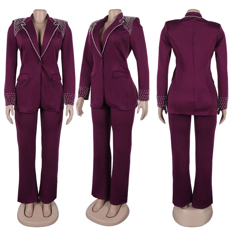 Traje de dos piezas ajustado de manga larga con perlas para mujer_voghion.com