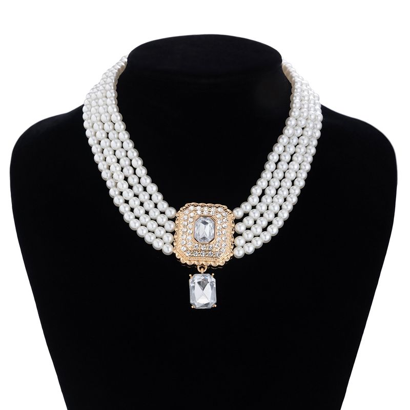 Retro square full diamond gem pearl choker necklace temperament French multi layer necklace_voghion.com