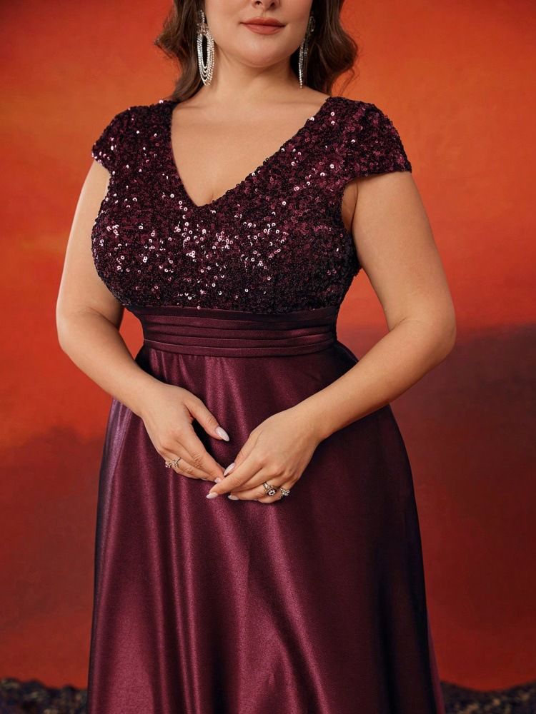 Abito da sera elegante in raso con scollo a V e paillettes, per feste e banchetti, da donna, elegante e raffinato_voghion.com