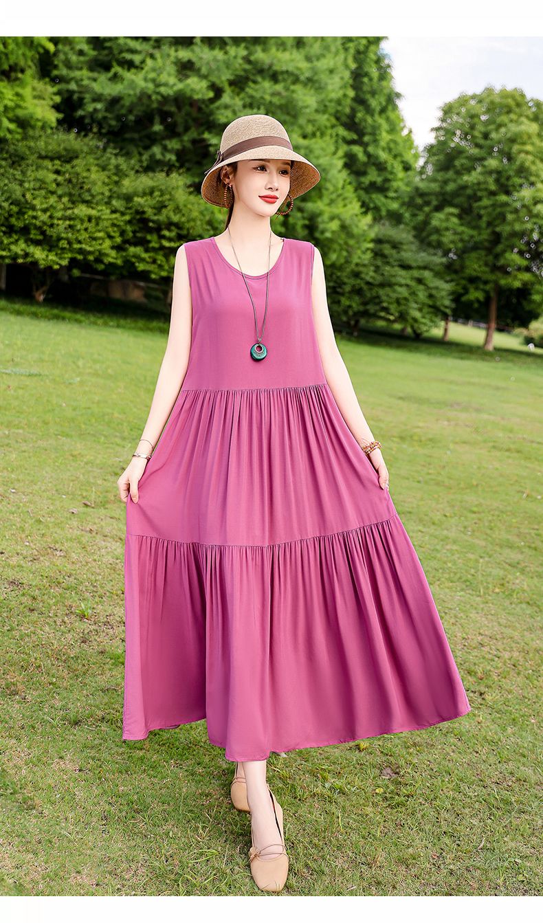 Französischer Stil High-End für Frauen Sommer 2025 Neue lose Plus Size Extra lange Baumwolle Blumenweste Kleid Falten Outfit_voghion.com