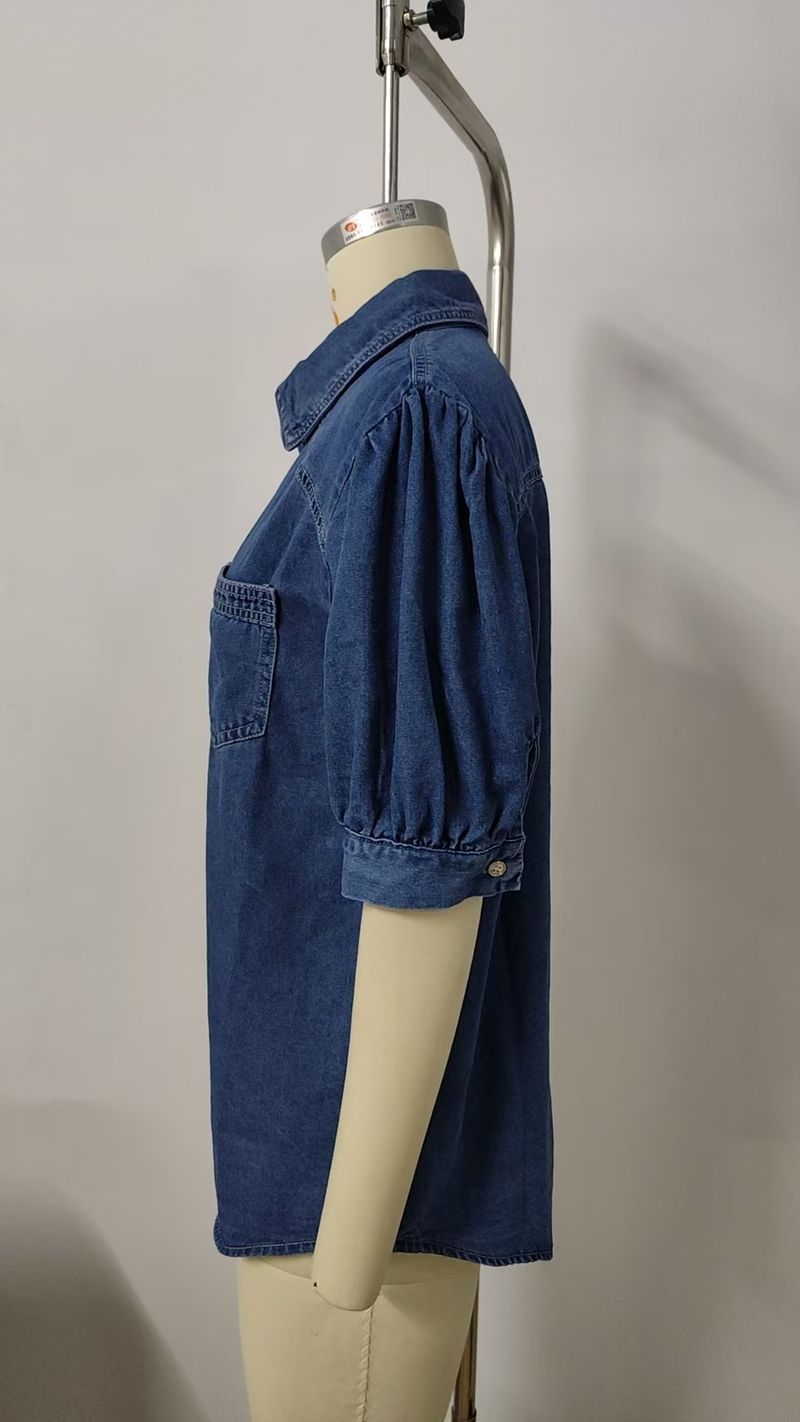 Nueva y versátil camisa vaquera fina con cuello vuelto y mangas princesa, top informal de moda para mujer_voghion.com