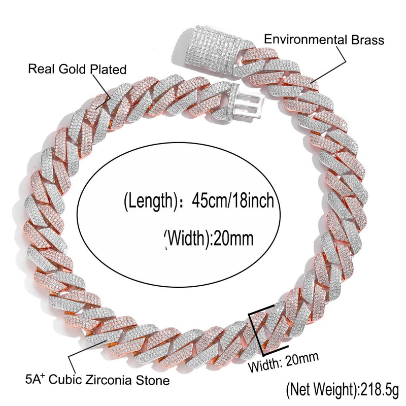 Unisex Hip Hop Necklace 20mm Three Row Zircon Rose Gold Two Color Diamond Cuban Chain Men's Personality Necklace_voghion.com