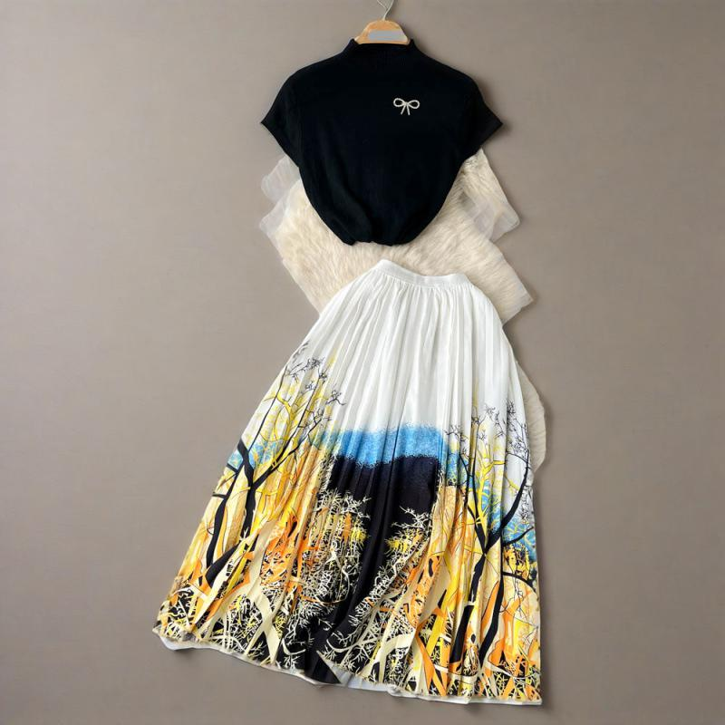 Women's Clothing Ins Style Temperament Summer Short Knitted Top + Medium Length Pleated Printed Skirt Two Piece Suit For Women_voghion.com