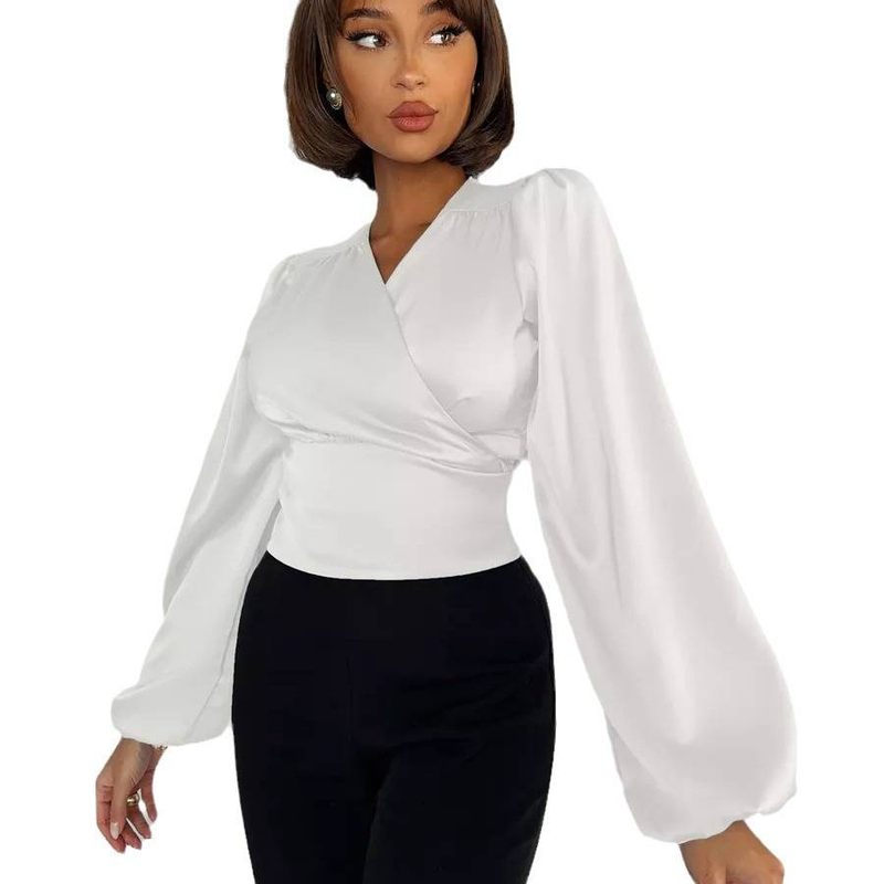 Satin Tie-Front Blouse For Women, Slim Fit V-Neck Long Sleeve Shirt With Adjustable Bow, Elegant Work & Evening Wear In Solid Colors_voghion.com