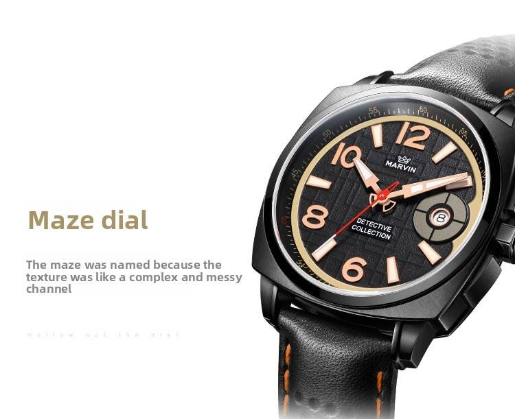 Montre de luxe Marvin pour homme, montre suisse en acier inoxydable avec affichage de la date en cristal de saphir, aiguilles et repères lumineux, mouvement à quartz, étanche jusqu'à_voghion.com