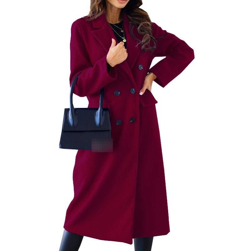 Classic Double-Breasted Wool Blend Coat For Women – Elegant Notch Lapel, Long Sleeve, Versatile Office & Casual Wear_voghion.com