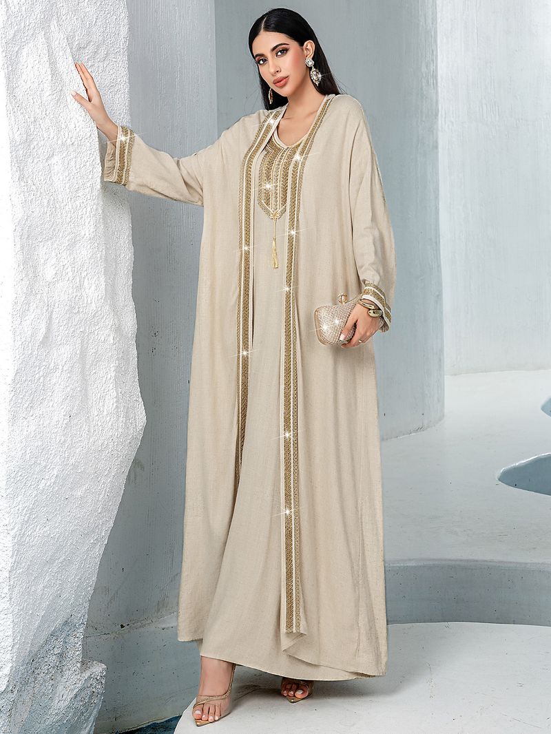 Elegant Embroidered Linen Two-Piece Dress Set For Women - Modest Muslim Fashion With Floral Detailing, Comfortable Long Sleeve Maxi Dress_voghion.com