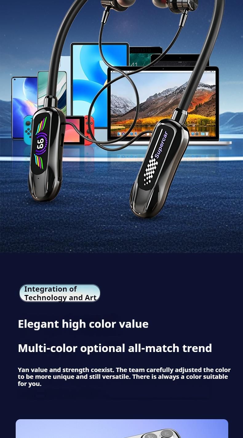 Cuffie Bluetooth wireless con archetto da collo, display LED, suono stereo a forma di auto sportiva, auricolari magnetici in-ear, auricolari sportivi per giocatori_voghion.com