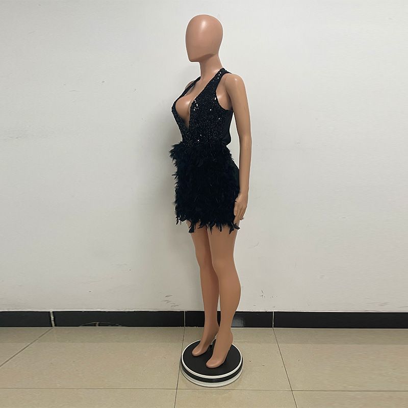 Women's High-end Light Luxury Sleeveless Hip Hugging Skirt Pure Desire Wind Deep V Backless Feather Dress For Women_voghion.com