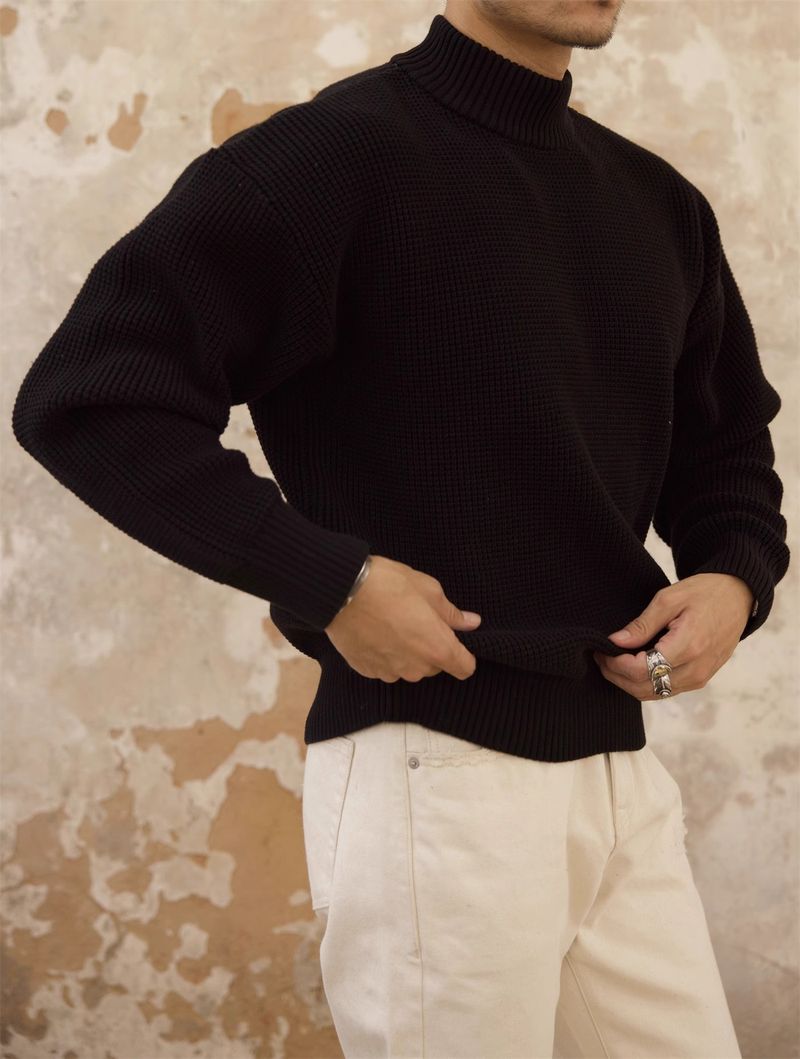 Maglione pesante da uomo a collo alto – Maglia spessa in puro cotone, vestibilità ampia, color cachi retrò (S-XL)_voghion.com