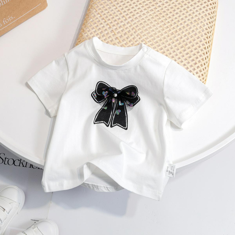 Baby Clothing Laste suvine lühikeste varrukatega kommivärvi mood lihtne vibu väikelaste lühikeste varrukatega magus T-särk_voghion.com