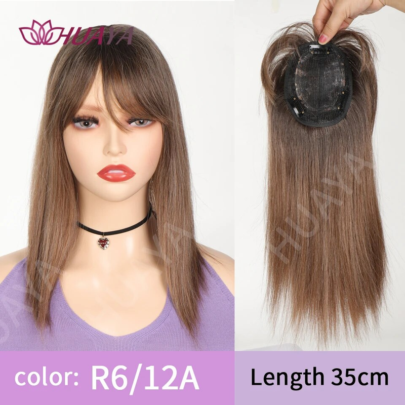 Synthetische lange gerade Topper-Perücke in Extensions, natürliches, flauschiges Kunsthaarteil mit Pony-Clip, Schwarzbraun_voghion.com