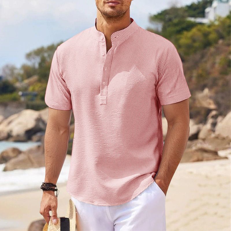 2025 Kurzarm-Stehkragen Button-Up Ananas-Check Herren Casual Shirt Top_voghion.com