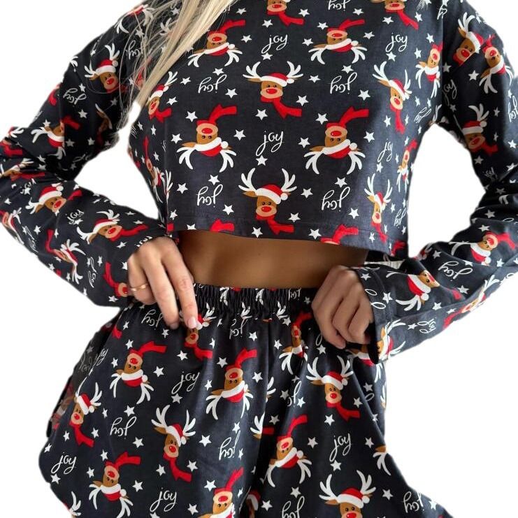 Audday 2025 New Women's Casual Christmas Reindeer Print Long Sleeve Top Split Shorts Two-Piece Set_voghion.com