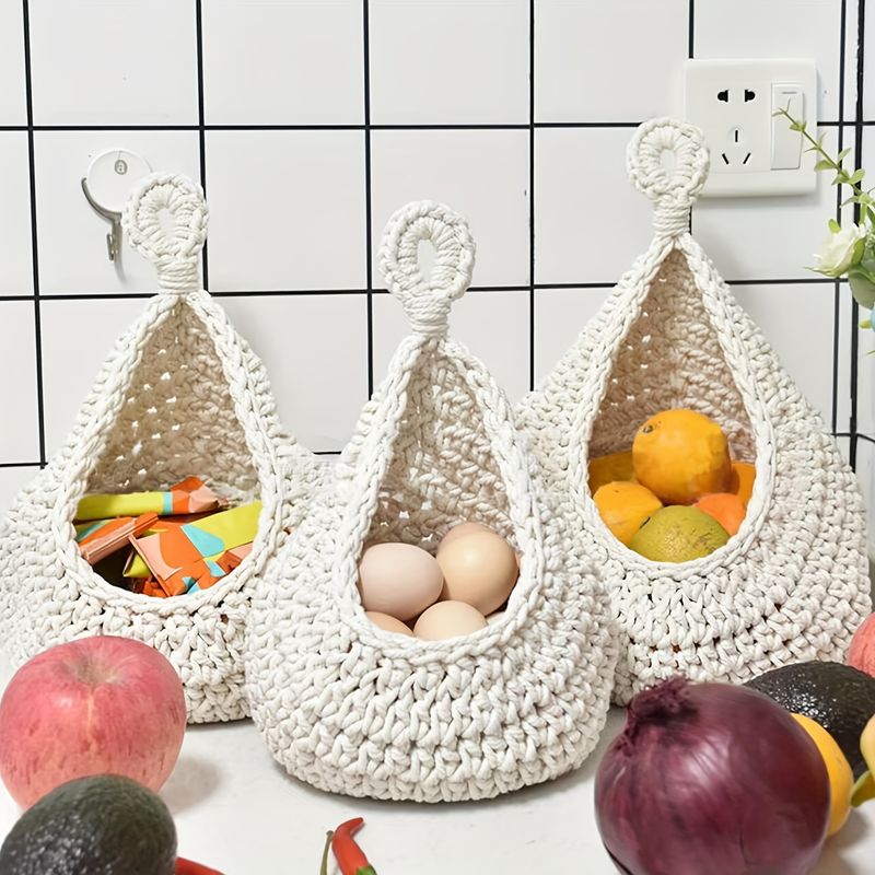 Ensemble de 3 paniers bohèmes chics en corde de coton et lin tissés à la main avec crochets, idéal pour suspendre fruits, légumes et plantes._voghion.com