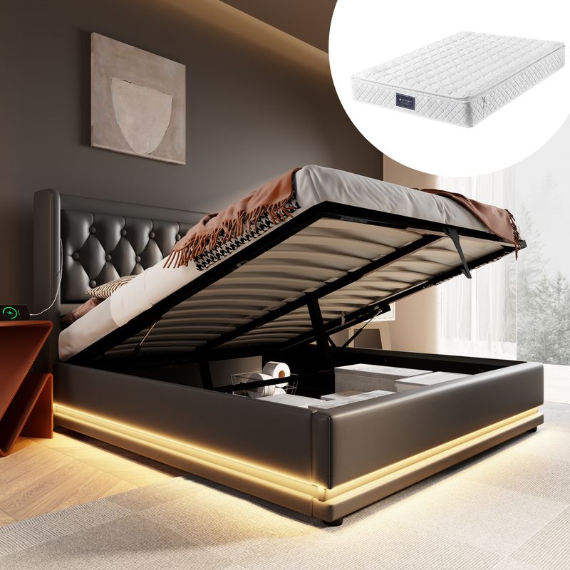Lit double 160 x 200 cm, matelas en polyuréthane noir, lit coffre hydraulique avec chargement USB Type-C et éclairage LED sur 3 côtés, tête de lit rembourrée (matelas inclus)._voghion.com