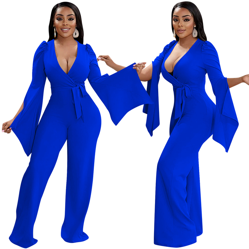 Dametøj nyt produkt ensfarvet sexet dyb V-rem plisseret brede ærmer lange bukser jumpsuit til kvinder_voghion.com