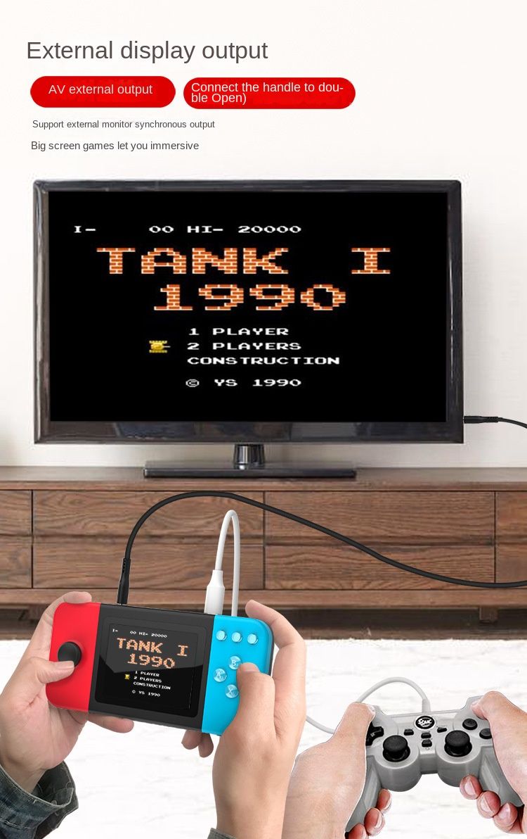 Roter und blauer Arcade-Automat mit zwei Joy-Sticks – klassisches Spielabenteuer mit mehreren vorinstallierten Spielen und langer Akkulaufzeit_voghion.com