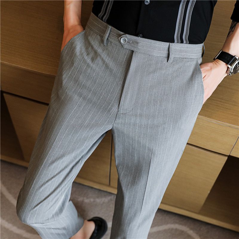 Summer main promotion of thin casual striped micro-elastic comfortable nine-point men's slim-fitting pants_voghion.com