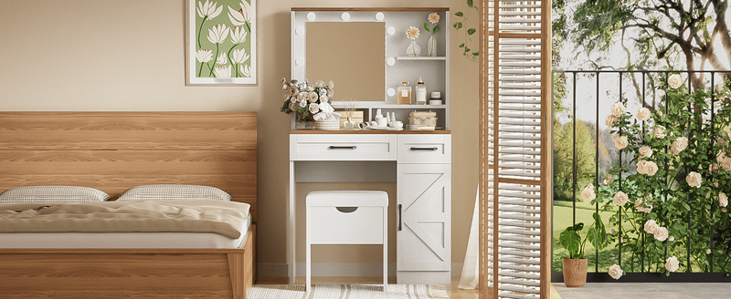 Farmhouse Makeup Vanity Desk With Mirror And Lights, 3 Lighting Modes, Vanity Set With Stool, Dressing Table With Adjustable Shelves,2 Drawers And Side Cabinet For Bedroom, White_voghion.com