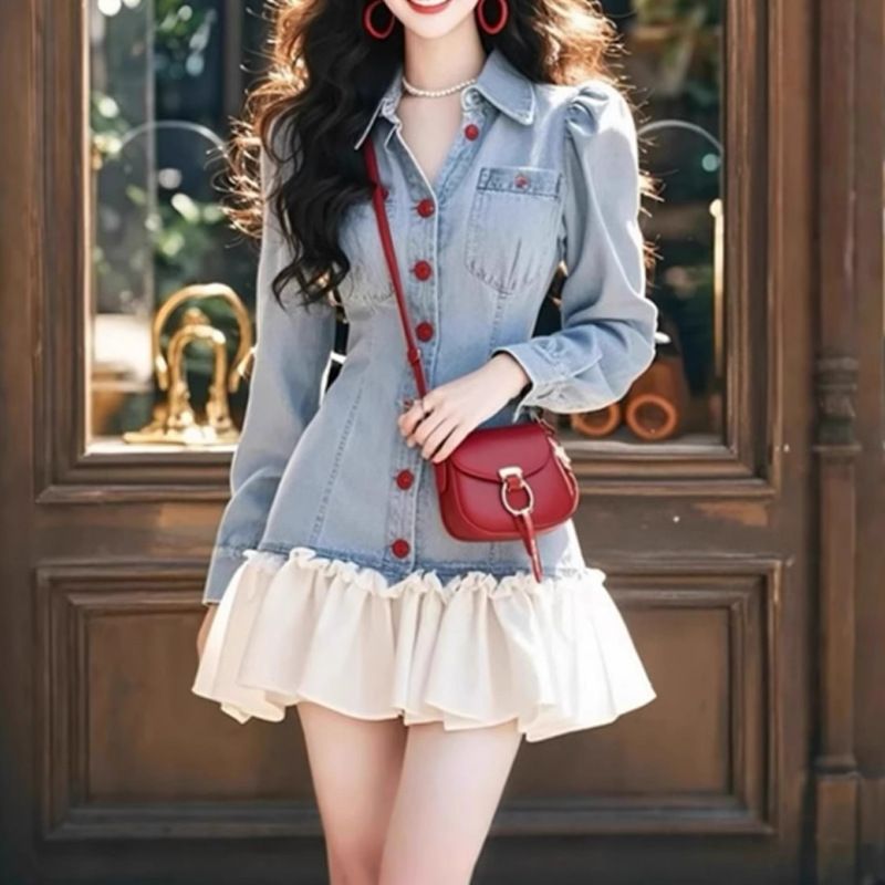 Abito in denim con cuciture in stile francese per donna, primavera 2025, con vita stretta e pantaloncini snellenti_voghion.com