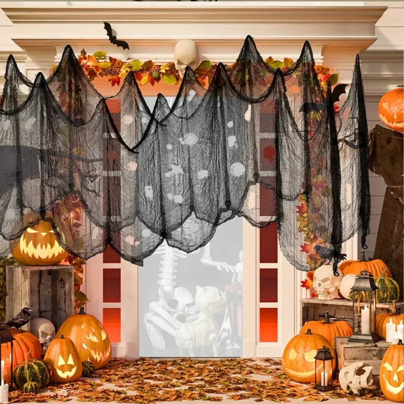 Décorations d'Halloween 76 x 183 cm, tissu de gaze noir effrayant pour fenêtre, table, porte, filet, déguisement effrayant, fête, maison hantée, décoration murale_voghion.com
