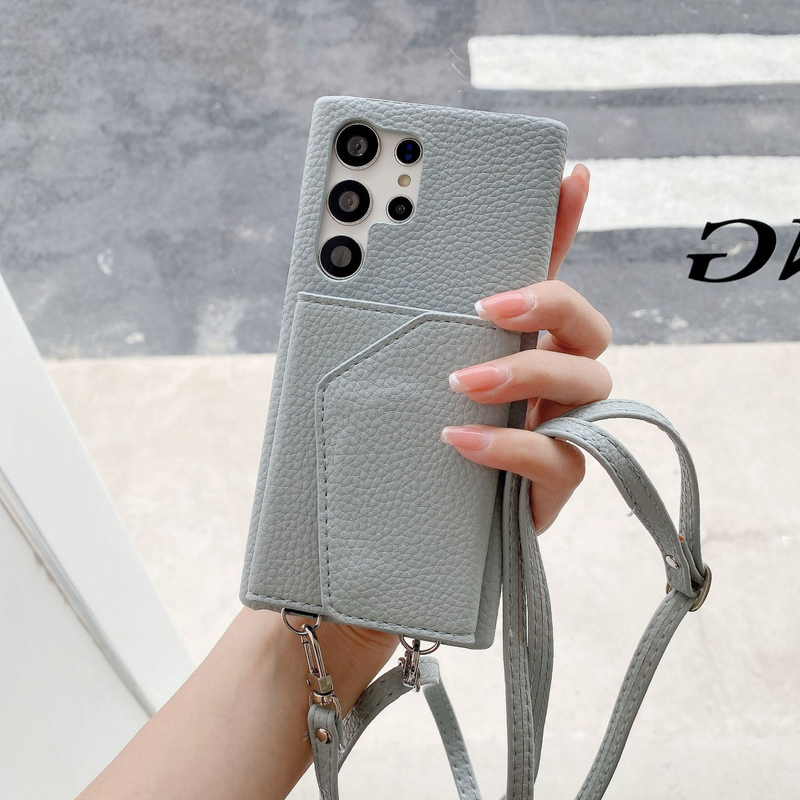 Mobile phone case for Samsung S23 litchi pattern card insert beauty mirror diagonal mobile phone case S21/S22/A52 cross-border model for women_voghion.com