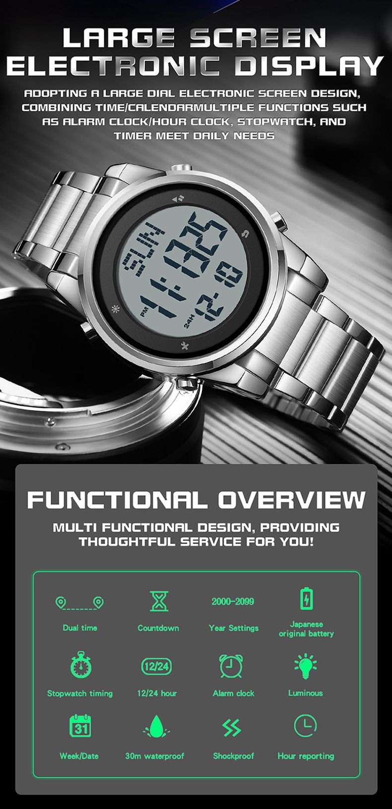 Sanda Watch Junior High School Students Men's Watch Single Display Luminous Waterproof Alarm Clock Watch_voghion.com