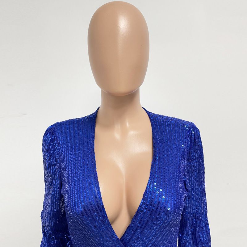Damkläder Ins Style Deep V Mode Casual Jumpsuit Långärmat Bälte Paljett Jumpsuit Dam_voghion.com