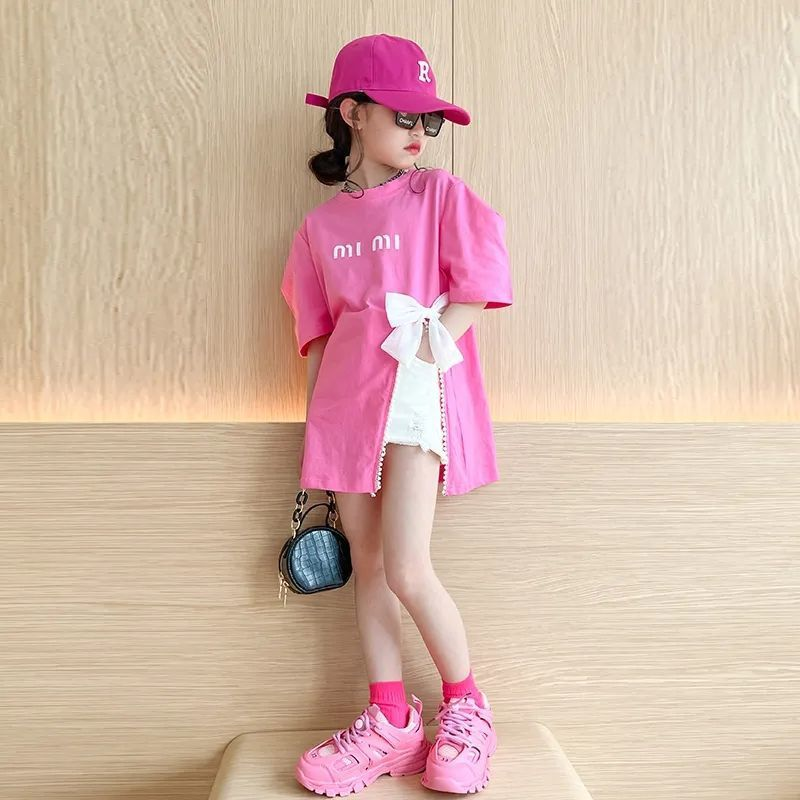 2024 Summer New Girl's Bow T-shirt length Split Korean Trendy Fashion Top Short sleeved Mid size Big Boy_voghion.com