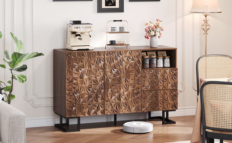 Beistellschrank 120x78,5cm Walnussoptik Mit Blattrelief, 2 Türen & 2 Schubladen_voghion.com