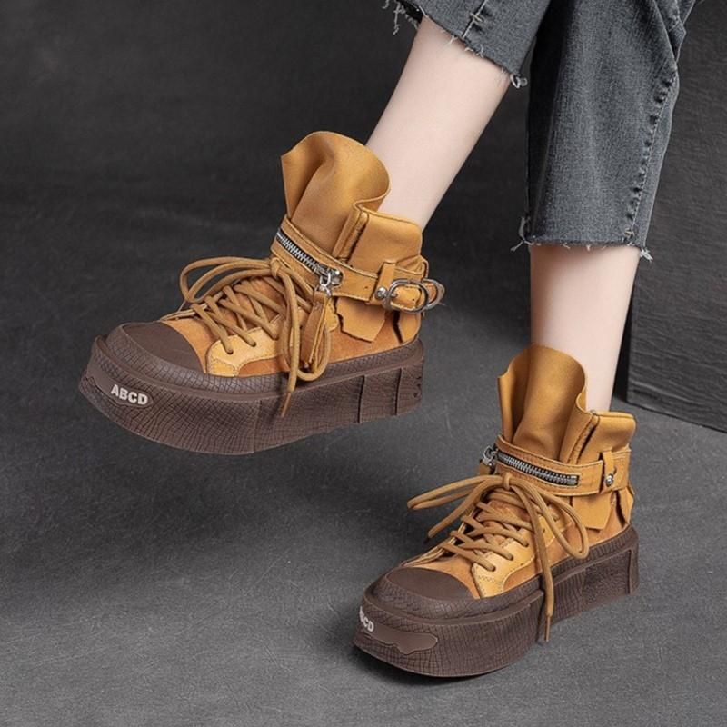 Johnature Retro Echt Lieder Kuerz Stiwwelen Damen Villsäiteg Déck Sohle Schnür-Flaach Plattform Schong_voghion.com