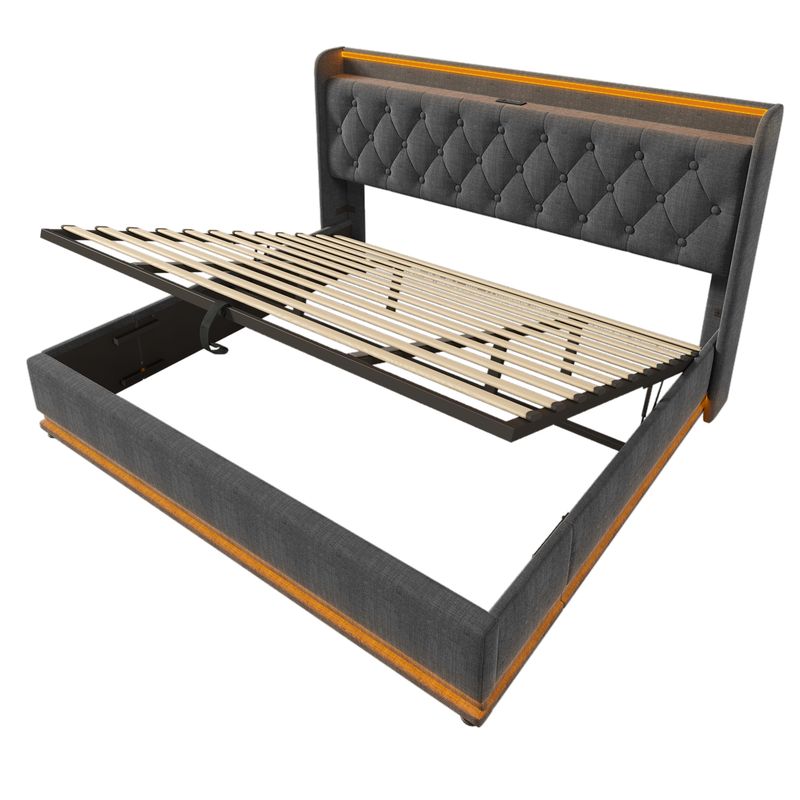 Lit double 180 x 200 cm, lit coffre hydraulique en lin gris avec éclairage LED panoramique à 360°, commande tactile/application/télécommande, chargement USB Type-C, tête de lit rembourrée (matelas non inclus)_voghion.com