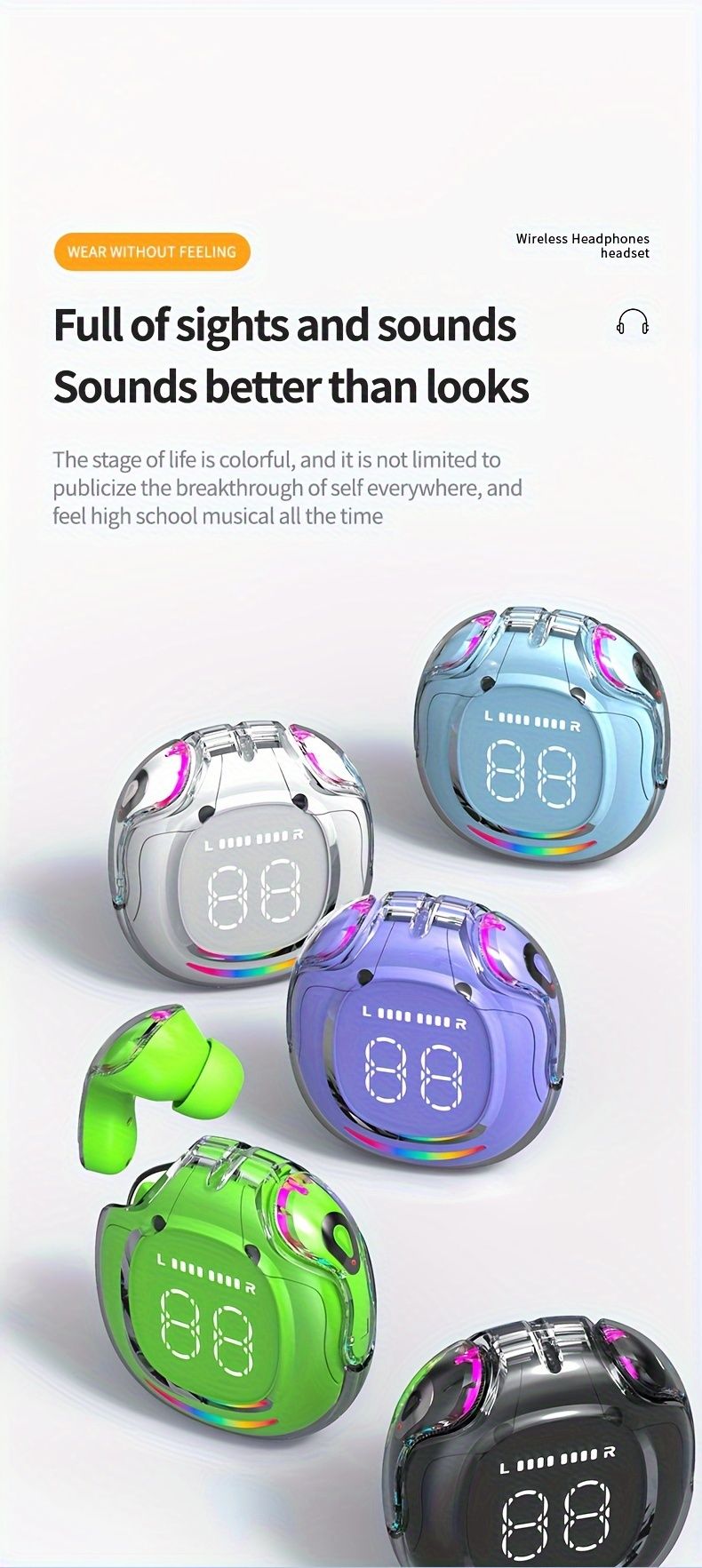 5.4 Wireless Earbuds Built-in Ambient Lighting Sports Gaming Bass Touch Control Headset Digital Display_voghion.com