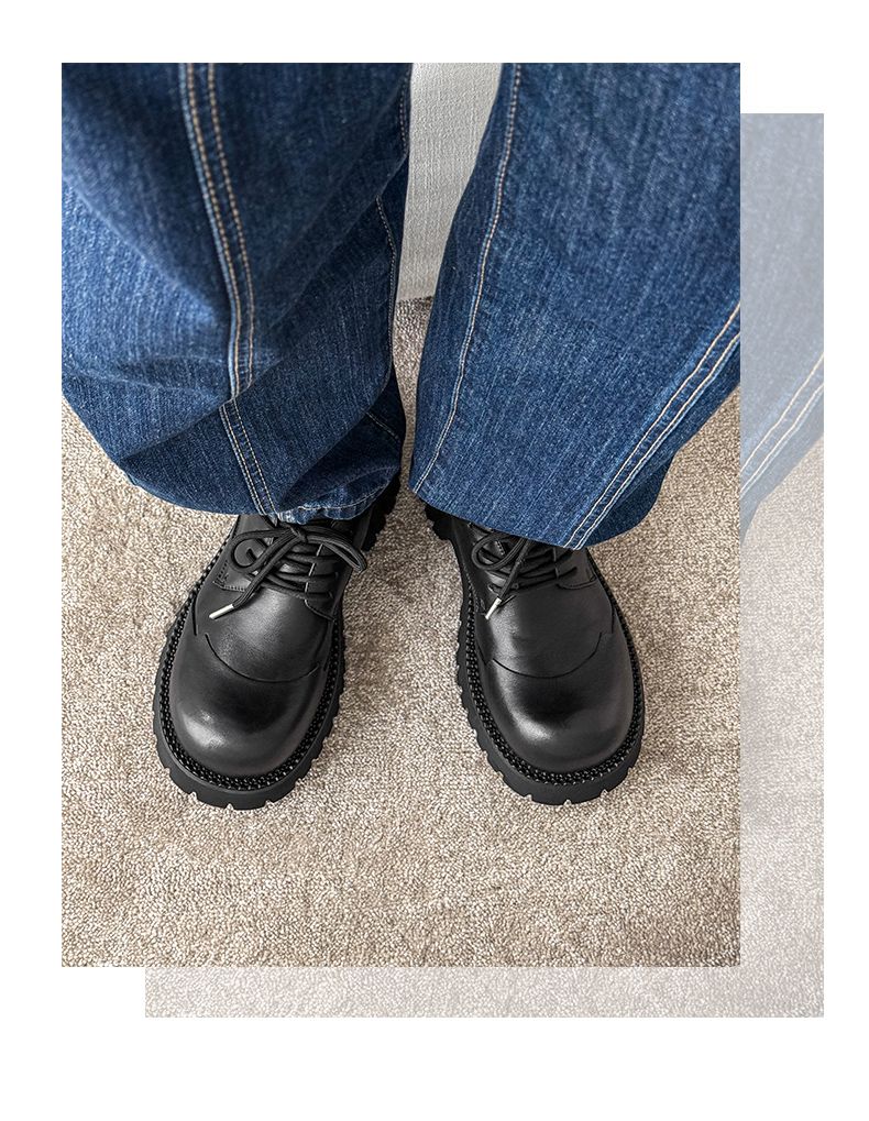 Derby-Schuhe für Herren mit dicker Sohle, schick, echt, lässig, großer Kopf, extra hoch, schwarze kleine Lederschuhe, Damen, britische runde Zehenpartie_voghion.com