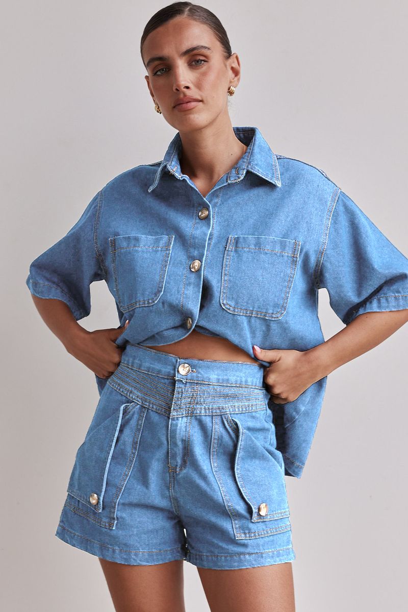 Roupas femininas verão feminino casual retro solto camisa jeans shorts conjunto_voghion.com