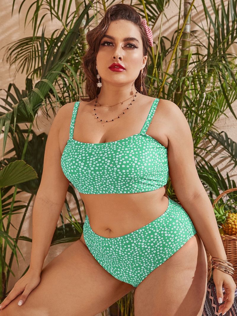 Plus Size High Waist Bikini Set - Floral Print & Polka Dot Swimsuit For Women Tummy Control Two-Piece Swimwear With Adjustable Ties_voghion.com