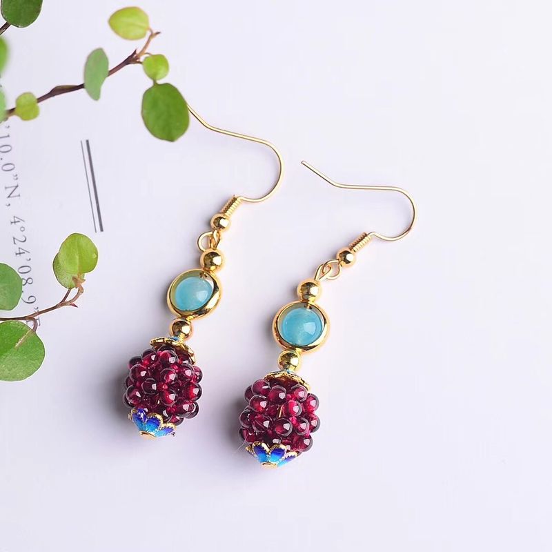 Bracciale con orecchini a sfera ricamati in granato naturale intrecciato, gancio per l'orecchio in argento 14K_voghion.com
