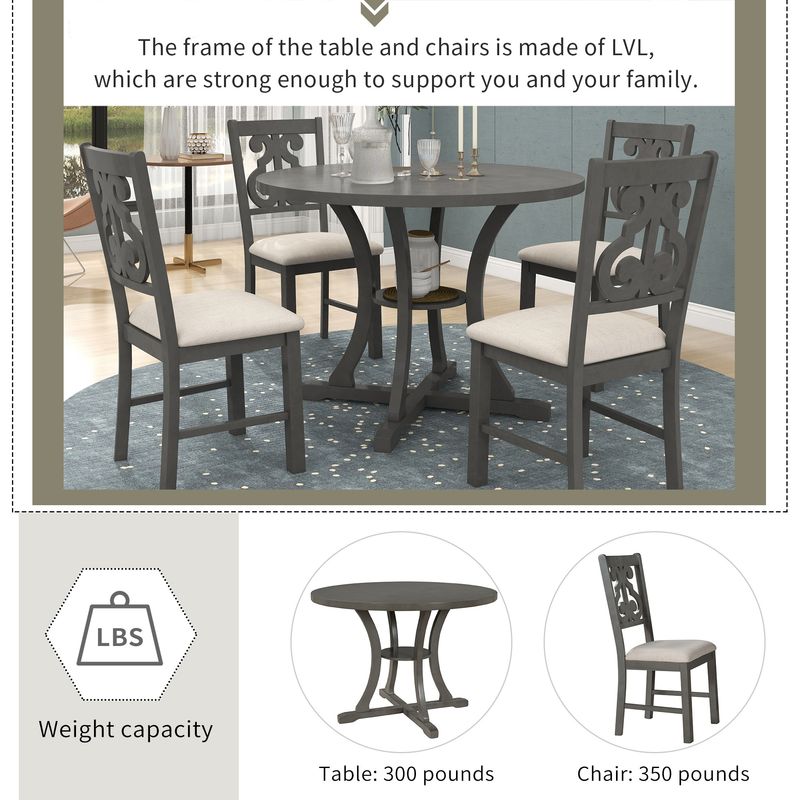 5-Piece Round Dining Table and 4 Fabric Chairs with Special-shaped Table Legs and Storage Shelf_voghion.com