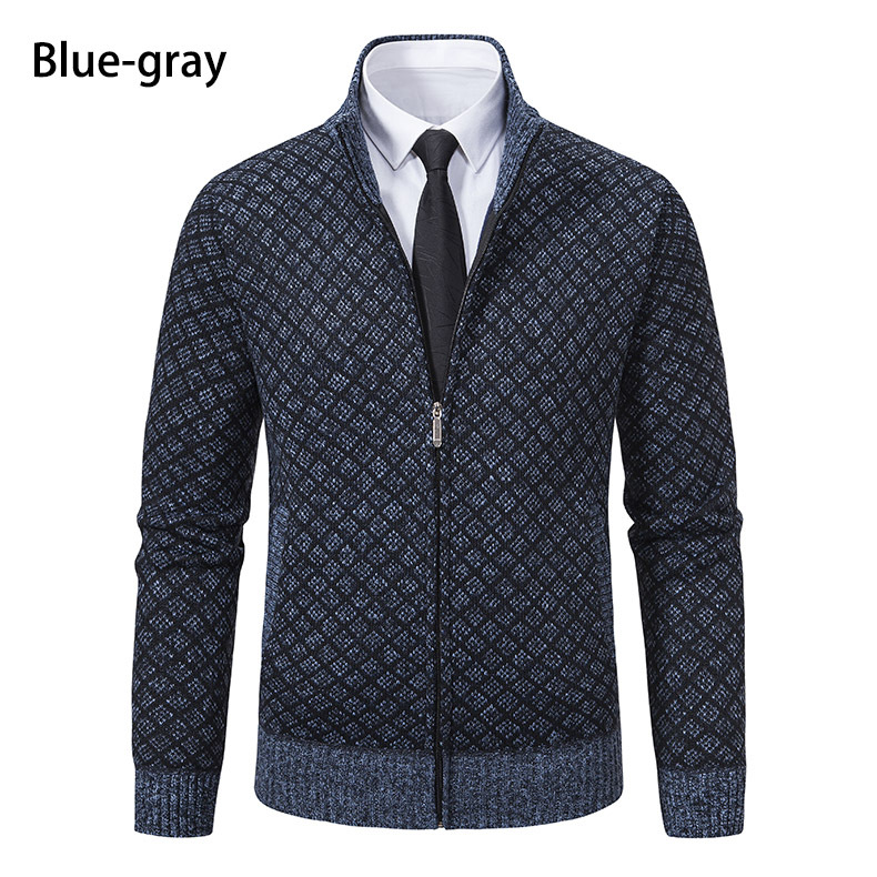 Men's Autumn And Winter New Plush And Thick Knitted Cardigan Fashion Stand Up Collar Long Sleeved Casual Sweater Jacket_voghion.com