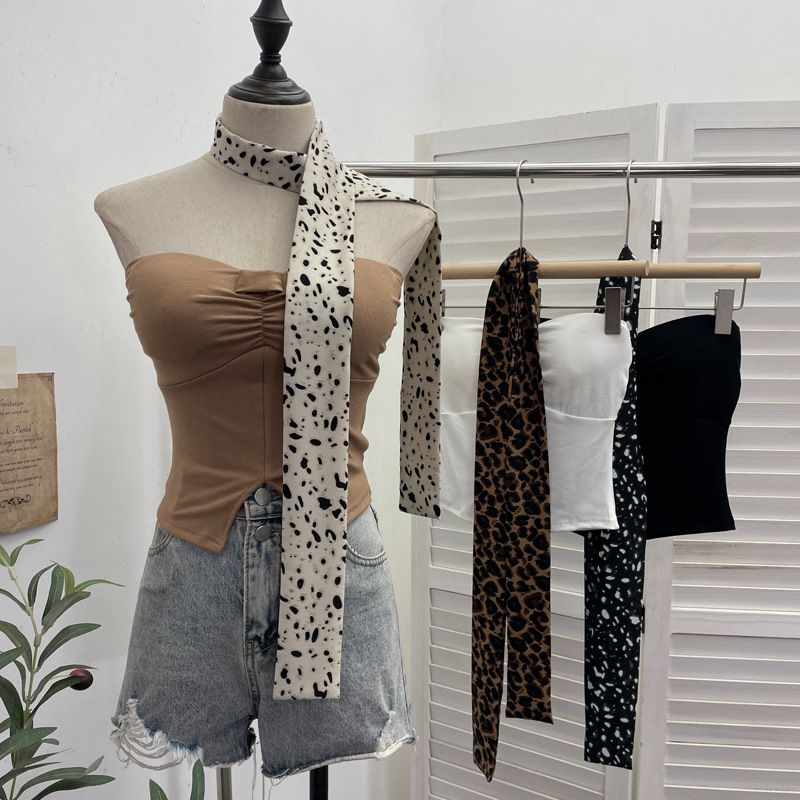 Schal mit Leopardenmuster und hängendem Halsdesign, plissierte trägerlose Weste mit Brustkissen, kurzes ärmelloses Oberteil für Damen 9206_voghion.com