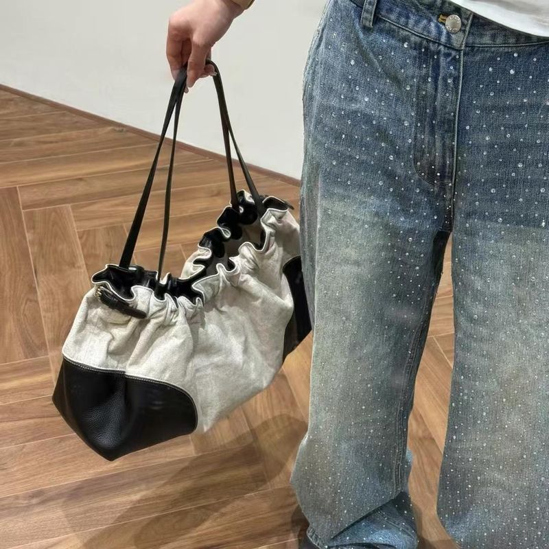 Sac à main plissé avec cordon de serrage, sac à bandoulière patchwork pour femme, sac seau, nouveauté 2025_voghion.com